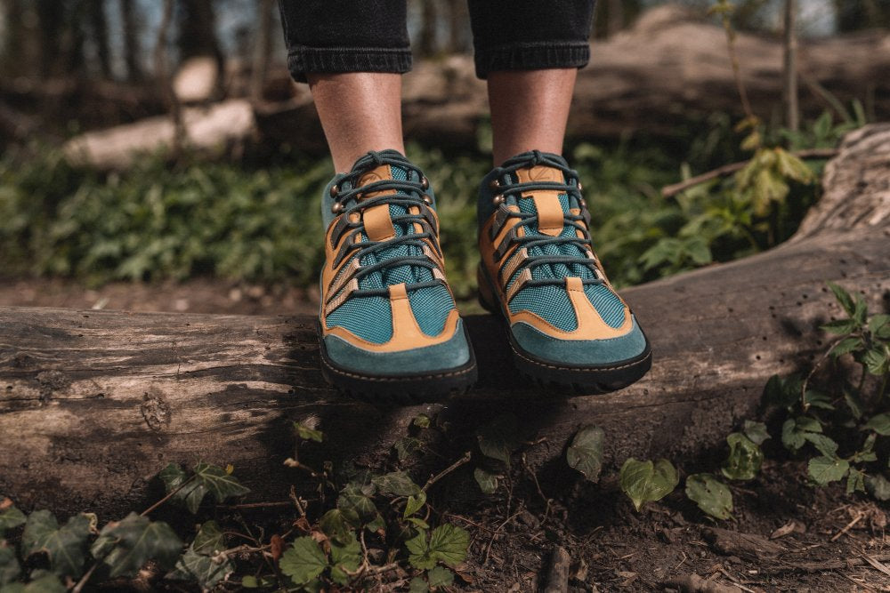 Eine Person, die wasserdichte Wanderschuhe ZAQQ SQOUT in Blau und Orange trägt, steht auf einem umgestürzten Baumstamm im Wald und präsentiert ihr atmungsaktives Design inmitten von üppigem Grün und Ästen.