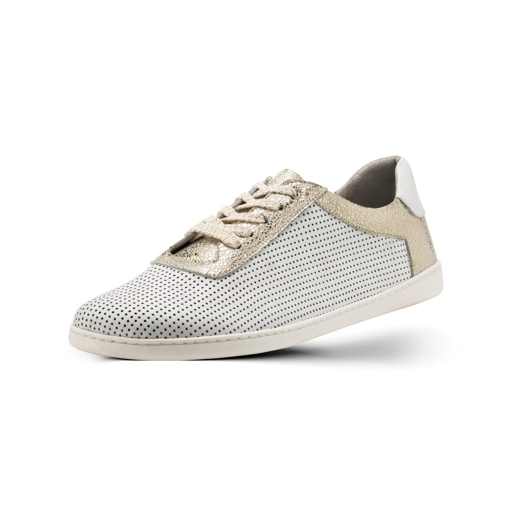 Der QOOQY White von ZAQQ ist ein stylischer Sneaker aus glattem Nappaleder mit einem weißen perforierten Design und beigefarbenen Strukturakzenten. Er hat weiße Schnürsenkel und eine weiße Sohle für einen modernen Look und steht schräg vor einem schlichten weißen Hintergrund.